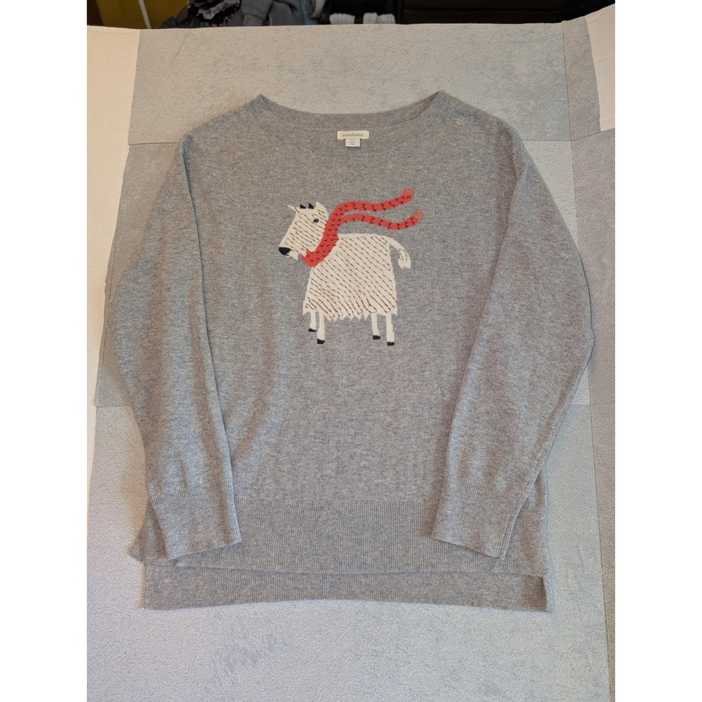 Sundance Goat Sweater XS‎ Gray Wool Blend Intarsia Knit Red Scarf Cozy